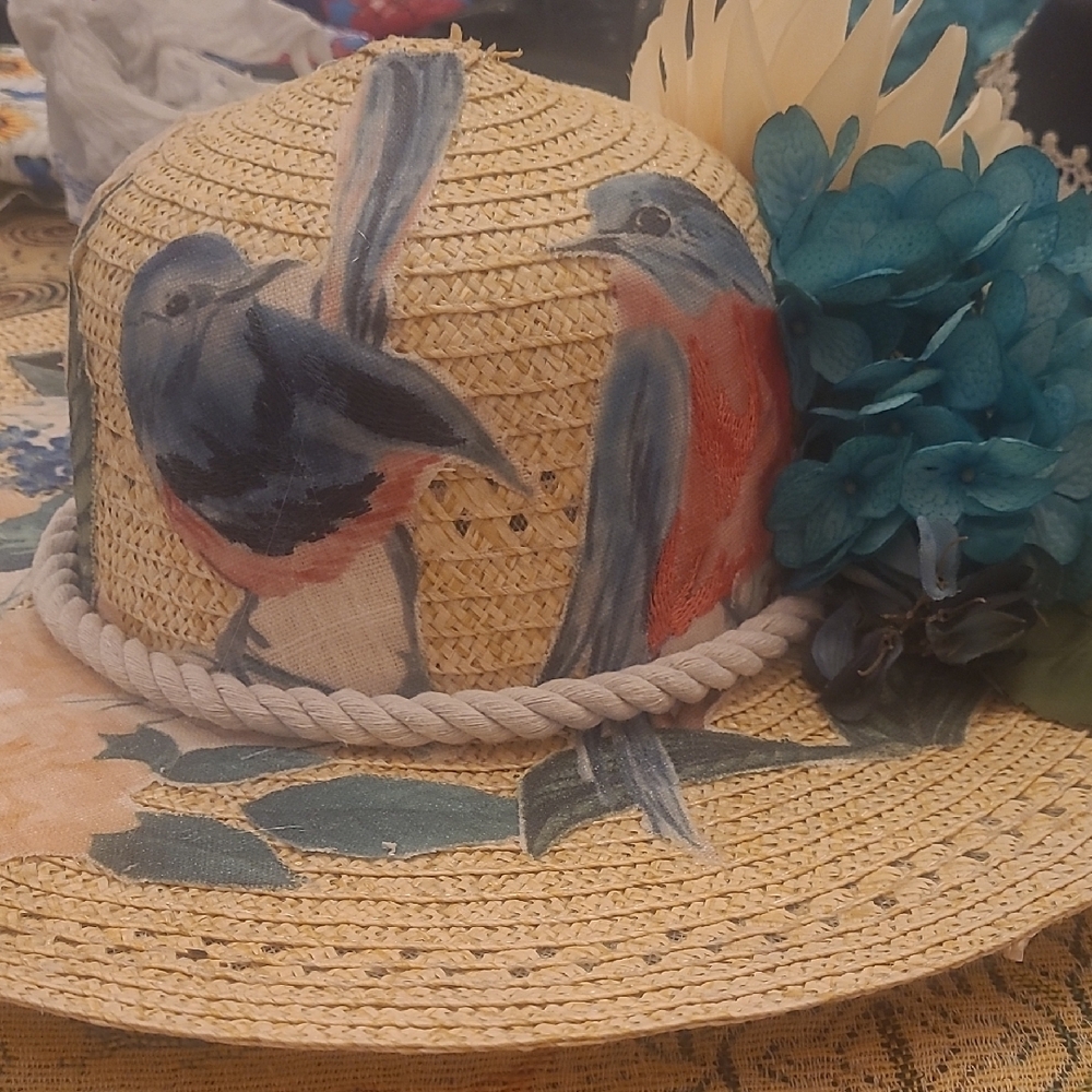 Blue and Tan Straw Hat with Decorative Bird